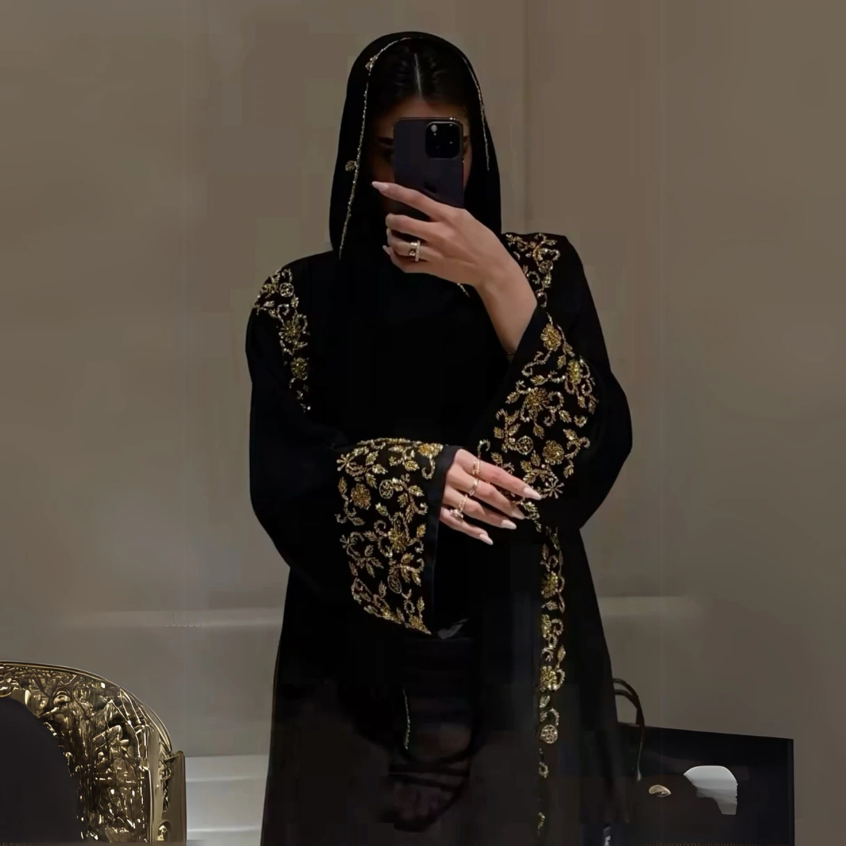 Occasional Wear Complete Handwork Abaya Golden color