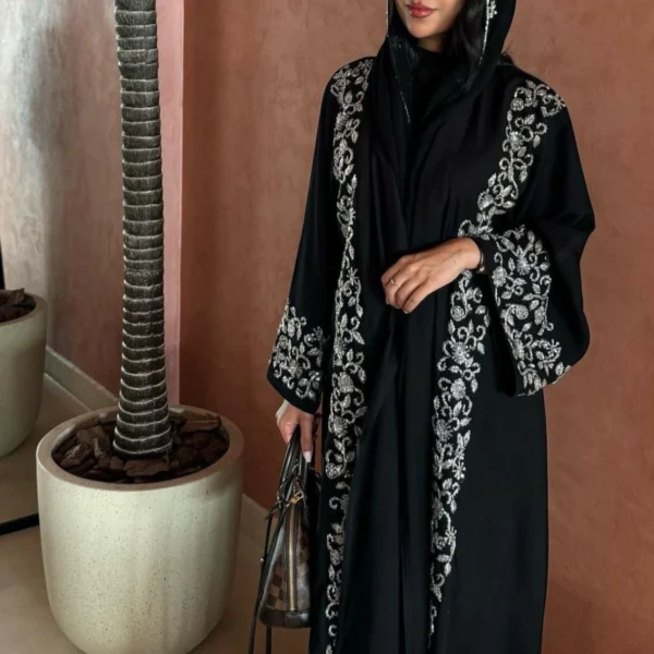 Occasional Wear Complete Handwork Abaya Silver color