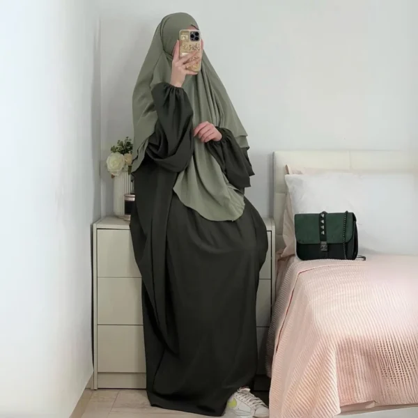 Premium Soft Nida Olive Abaya With Soft Nida Pista double layer Khimar set Fabric- Abaya soft nida and khimar Size- Free size
