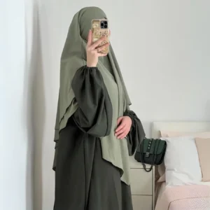 Soft Nida Olive Abaya With Soft Nida Pista double layer Khimar set Fabric- Abaya soft nida and khimar Size- Free size